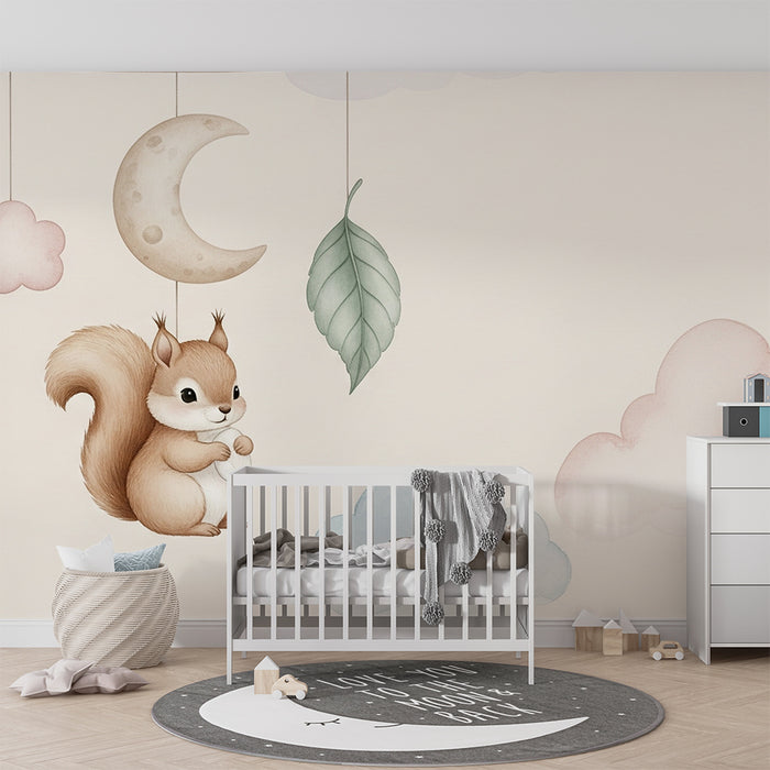 Babykamer behang | Eekhoorn en zachte wolken