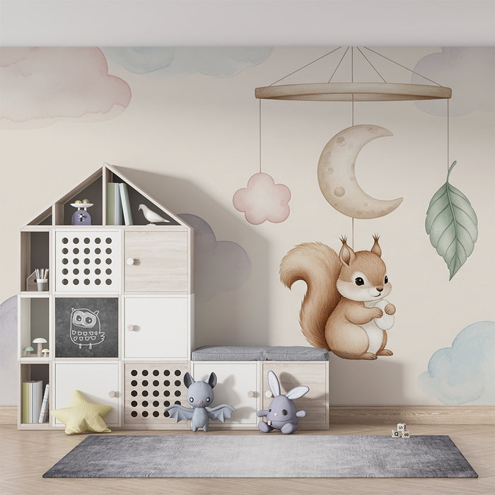 Babykamer behang | Eekhoorn en zachte wolken