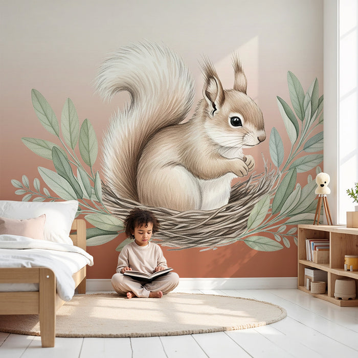 Papier peint chambre bébé | Écureuil mignon dans son nid