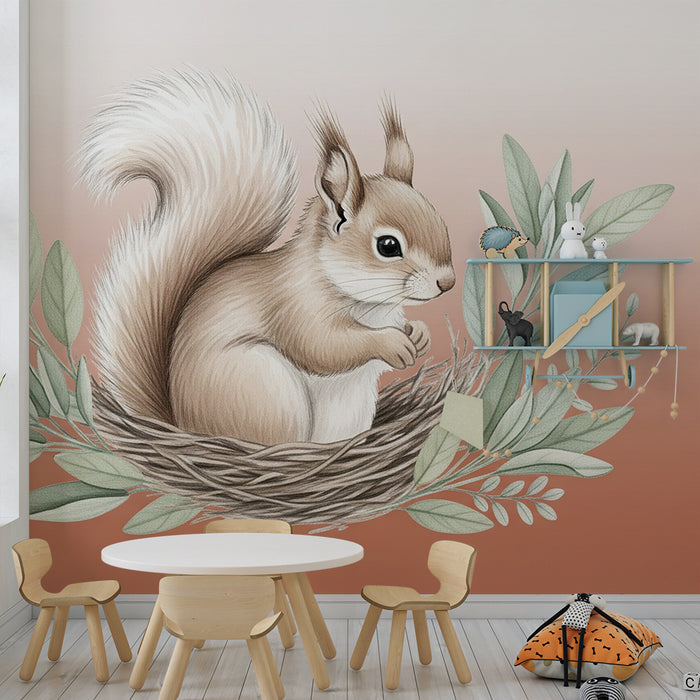 Papier peint chambre bébé | Écureuil mignon dans son nid
