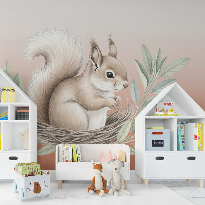 Papier peint chambre bébé | Écureuil mignon dans son nid