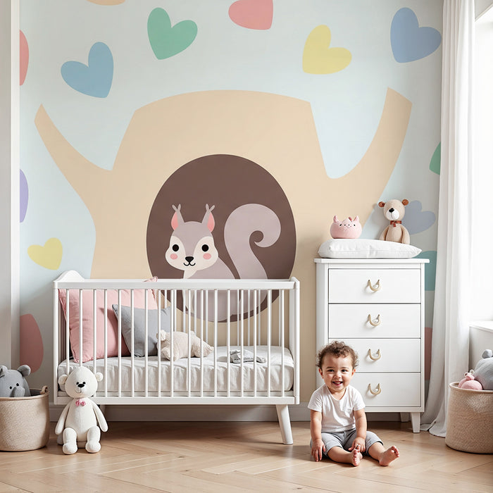 Babyzimmer Tapete | Niedliches Eichhörnchen in einem Baum mit bunten Herzen