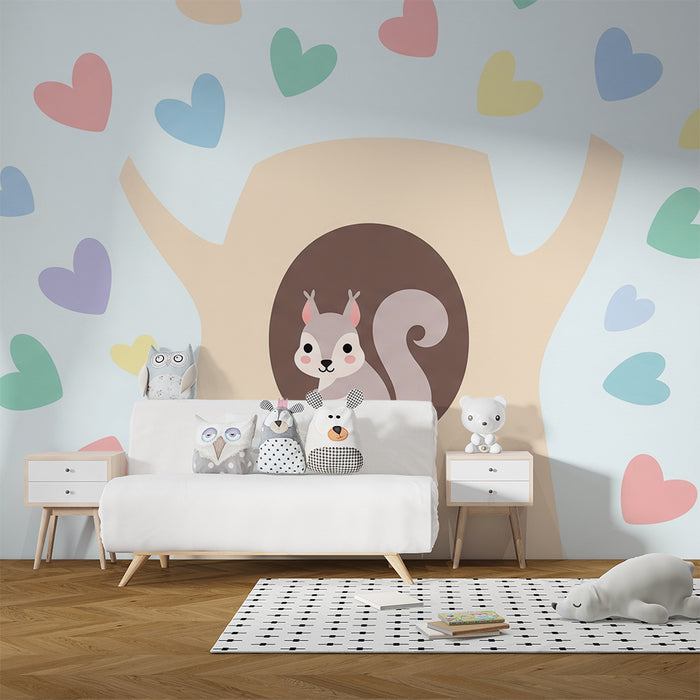 Babyzimmer Tapete | Niedliches Eichhörnchen in einem Baum mit bunten Herzen