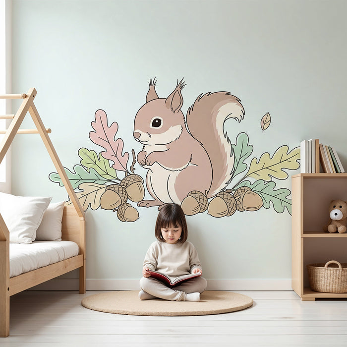 Nursery room wallpaper | Cute squirrel surrounded by leaves and acorns