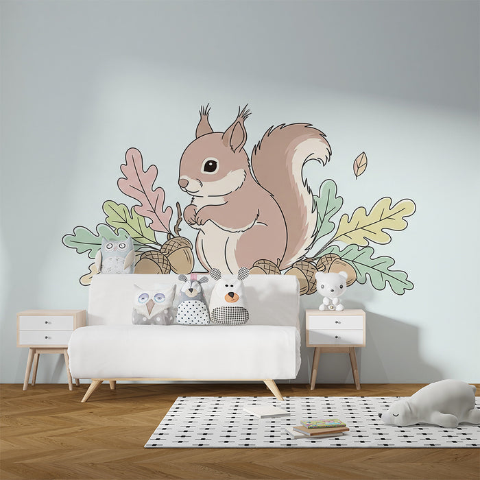 Nursery room wallpaper | Cute squirrel surrounded by leaves and acorns