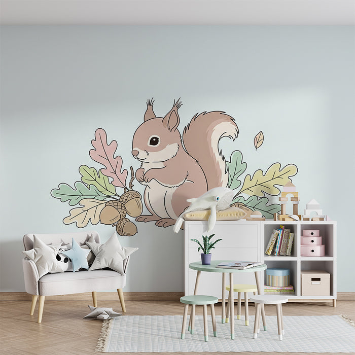 Nursery room wallpaper | Cute squirrel surrounded by leaves and acorns