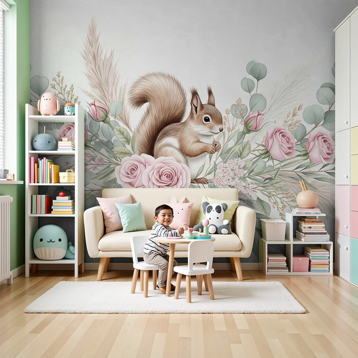 Papier peint chambre bébé | Écureuil mignon entouré de fleurs roses et feuillage délicat