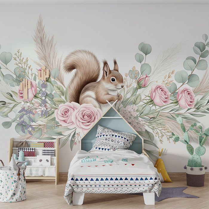 Papier peint chambre bébé | Écureuil mignon entouré de fleurs roses et feuillage délicat