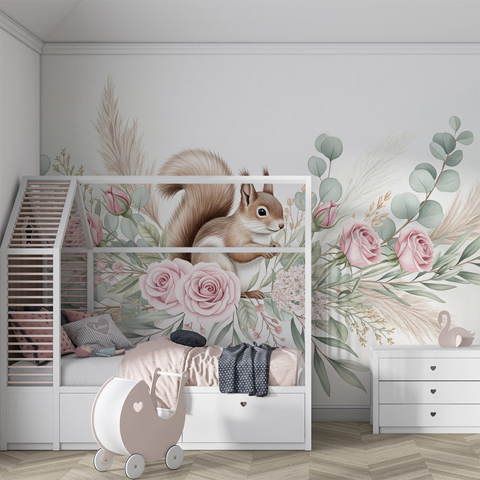 Papier peint chambre bébé | Écureuil mignon entouré de fleurs roses et feuillage délicat