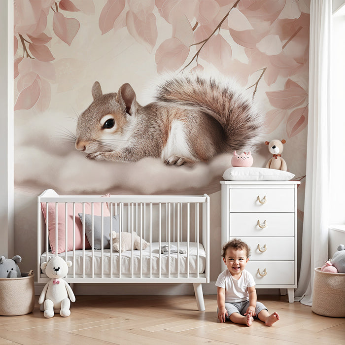 Papier peint chambre bébé | Écureuil paisible sur un nuage de douceur