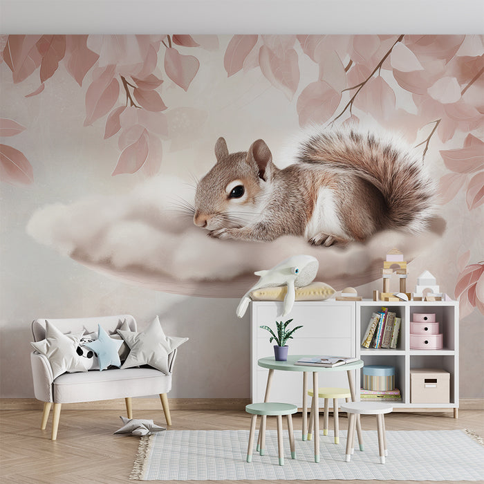 Papier peint chambre bébé | Écureuil paisible sur un nuage de douceur