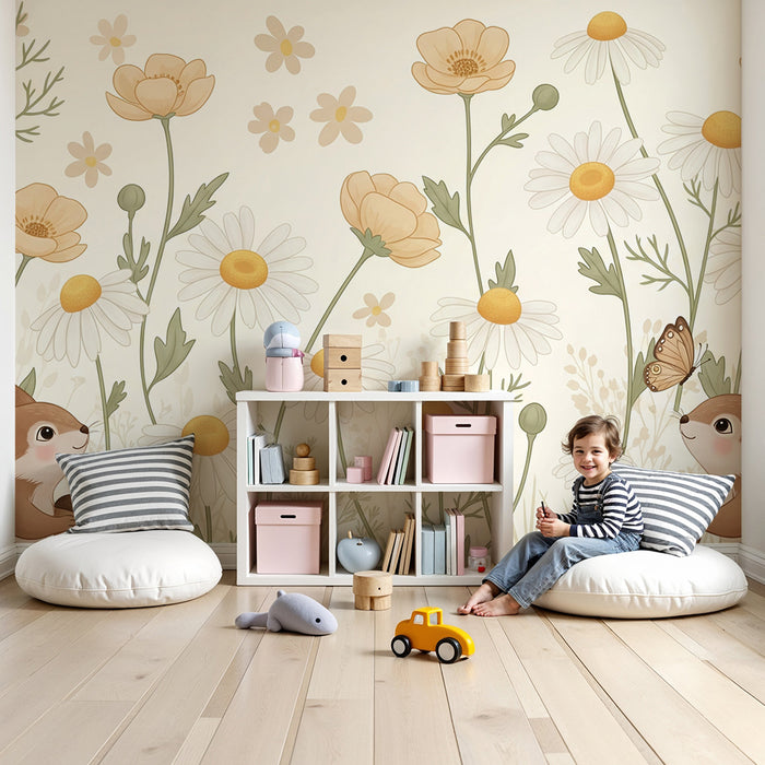 Papier peint chambre bébé | Écureuils dans un jardin fleuri