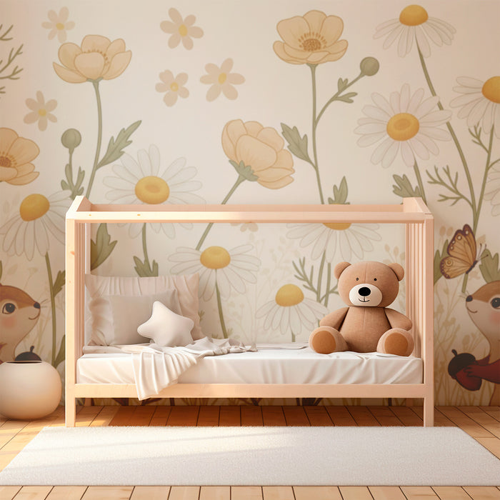 Papier peint chambre bébé | Écureuils dans un jardin fleuri