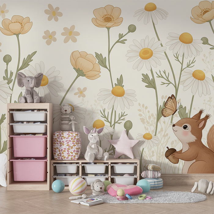 Papier peint chambre bébé | Écureuils dans un jardin fleuri