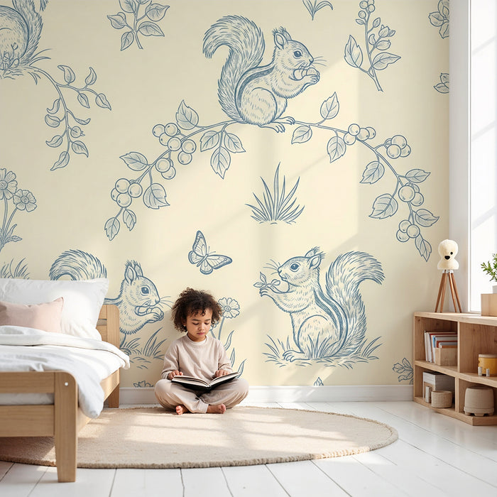 Papier peint chambre bébé | Écureuils espiègles et fleurs délicates sur fond doux