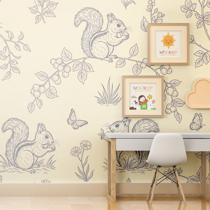 Papier peint chambre bébé | Écureuils espiègles et fleurs délicates sur fond doux