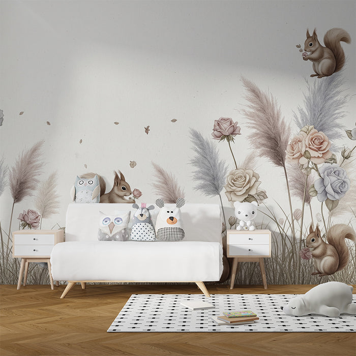 Papier peint chambre bébé | Écureuils joueurs au milieu de fleurs délicates