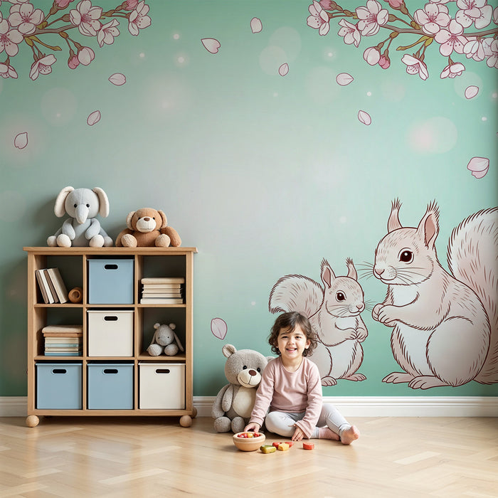 Papier peint chambre bébé | Écureuils mignons sous les cerisiers en fleurs