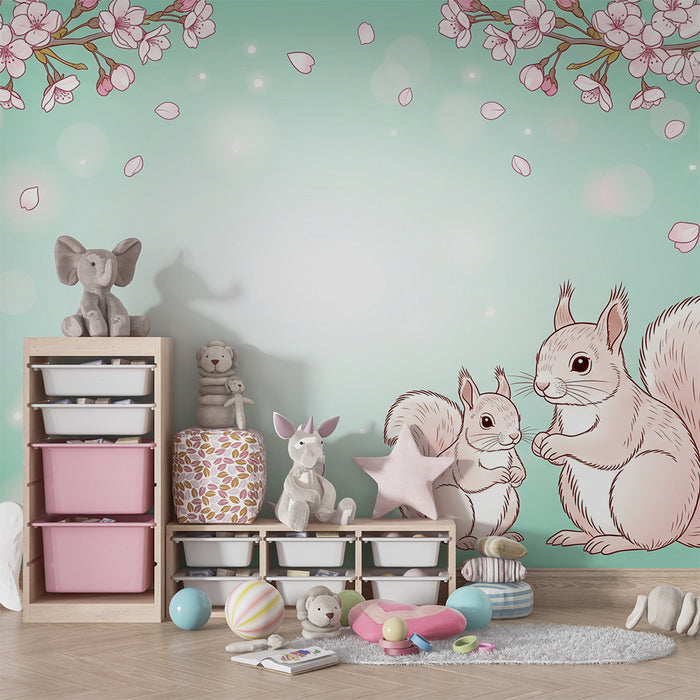 Papier peint chambre bébé | Écureuils mignons sous les cerisiers en fleurs