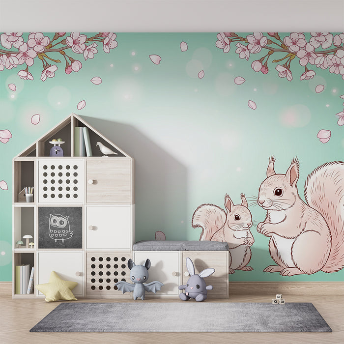 Papier peint chambre bébé | Écureuils mignons sous les cerisiers en fleurs