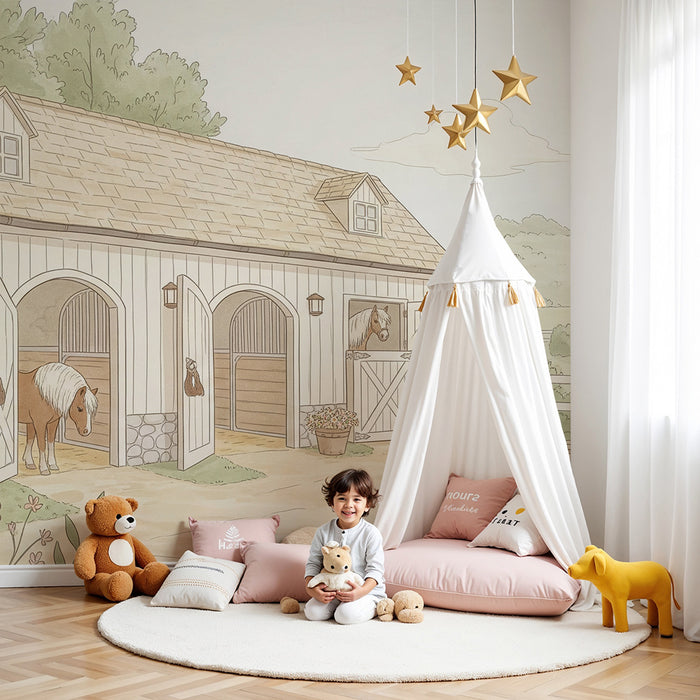 Papier peint chambre bébé | Écurie paisible avec chevaux et paysage bucolique