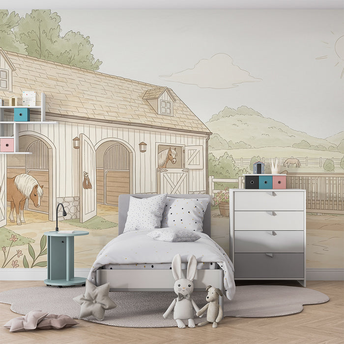 Papier peint chambre bébé | Écurie paisible avec chevaux et paysage bucolique