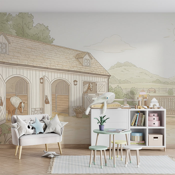 Papier peint chambre bébé | Écurie paisible avec chevaux et paysage bucolique
