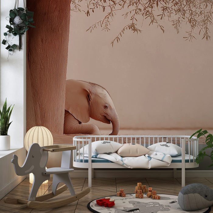 Papier peint chambre bébé | Élégance d'un éléphant sous un arbre