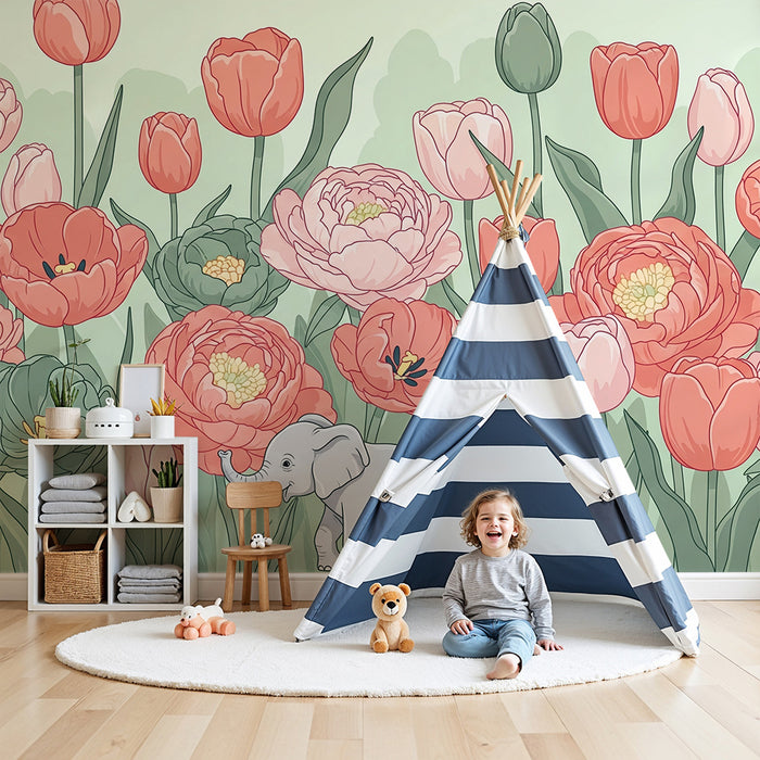 Papier de parede pre detsku izbu | Květinová elegancia a roztomilý slonik