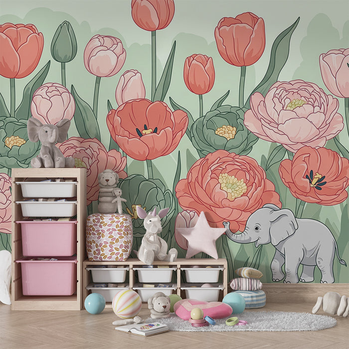 Papier de parede pre detsku izbu | Květinová elegancia a roztomilý slonik
