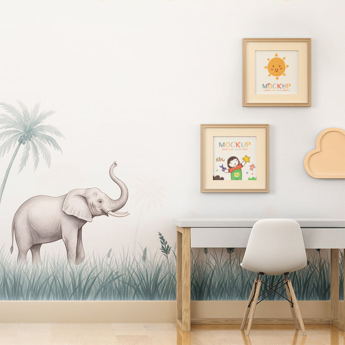 Papel de parede quarto bebê | Elegante elefante no meio de uma savana suave