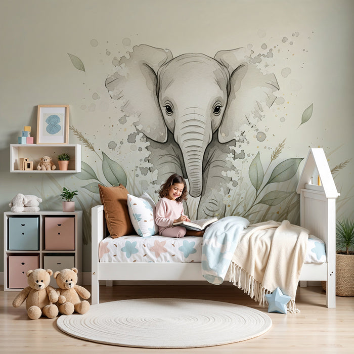 Papier peint chambre bébé | Élégant éléphant au milieu de feuillage doux