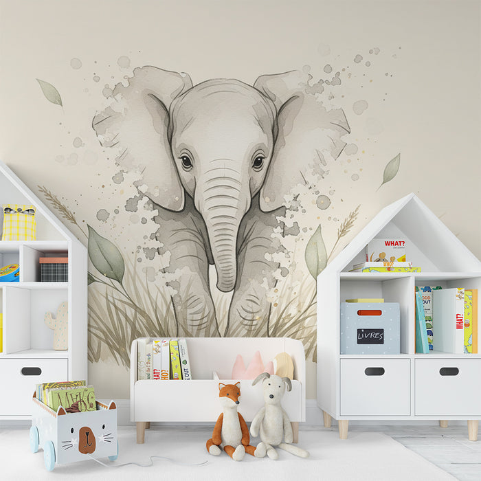 Papier peint chambre bébé | Élégant éléphant au milieu de feuillage doux