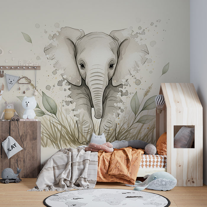 Papier peint chambre bébé | Élégant éléphant au milieu de feuillage doux
