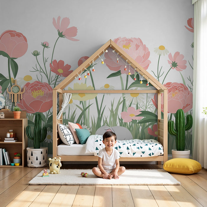 Lastenhuoneen tapetti | Tyylikäs elefantti keskellä värikkäitä kukkia