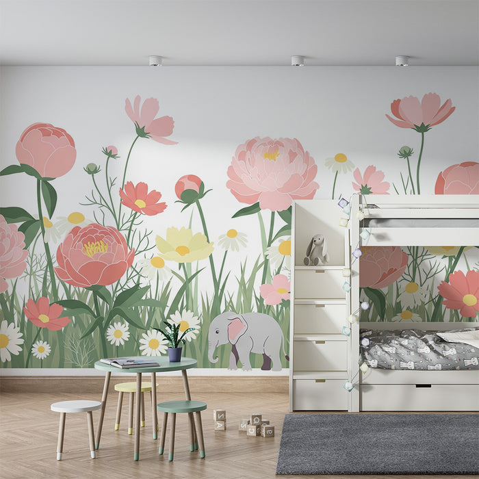Lastenhuoneen tapetti | Tyylikäs elefantti keskellä värikkäitä kukkia