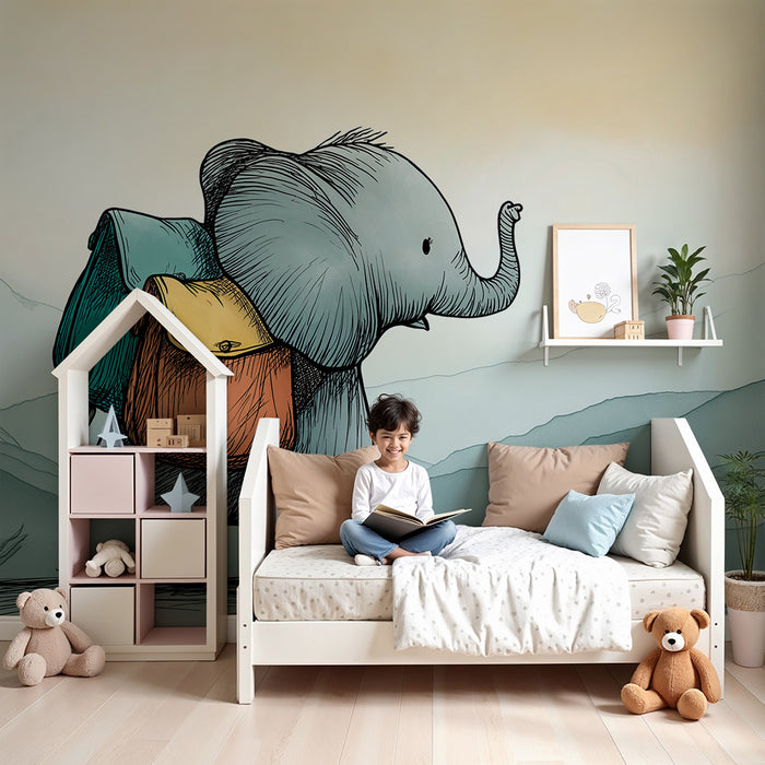Tapet barnerom | Elegant eventyrlysten elefant med fargerike ryggsekker