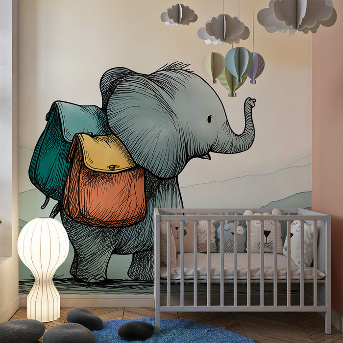 Tapet barnerom | Elegant eventyrlysten elefant med fargerike ryggsekker