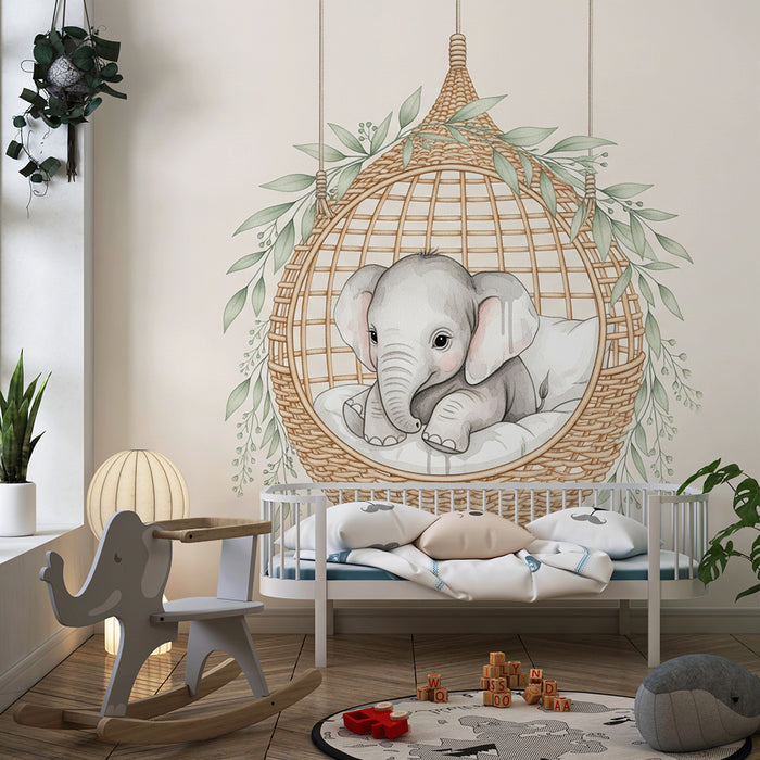 Tapet barnerom | Elegant elefant i en hengende kurv