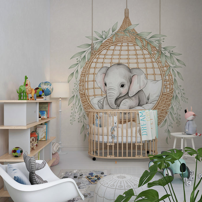 Tapet barnerom | Elegant elefant i en hengende kurv