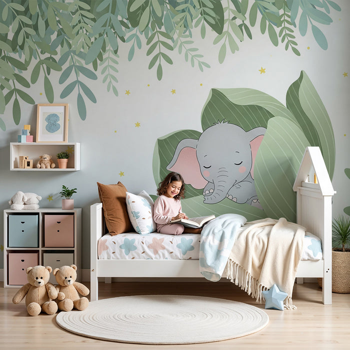 Tapety dla dzieci | Elegancki śpiący słonik w liściu