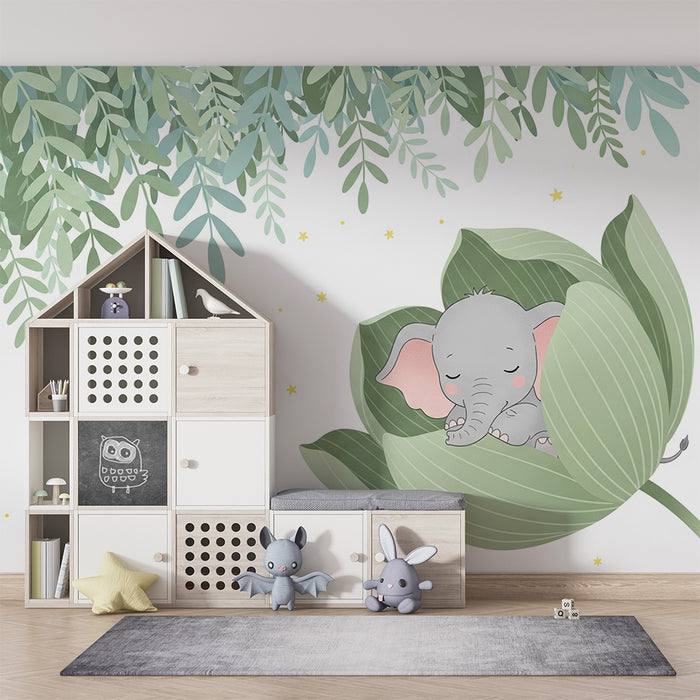 Tapety dla dzieci | Elegancki śpiący słonik w liściu