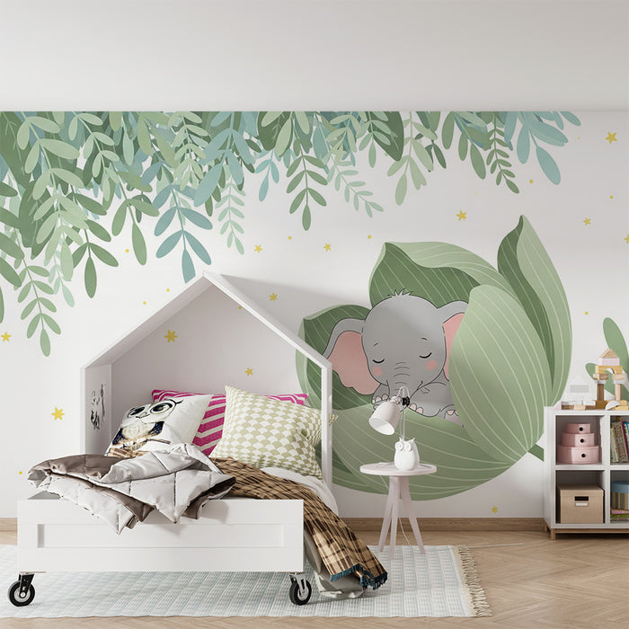 Tapety dla dzieci | Elegancki śpiący słonik w liściu
