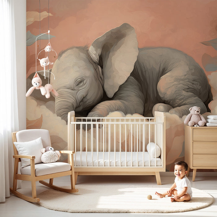 Carta da parati bambini | Elegante elefante addormentato circondato da foglie morbide