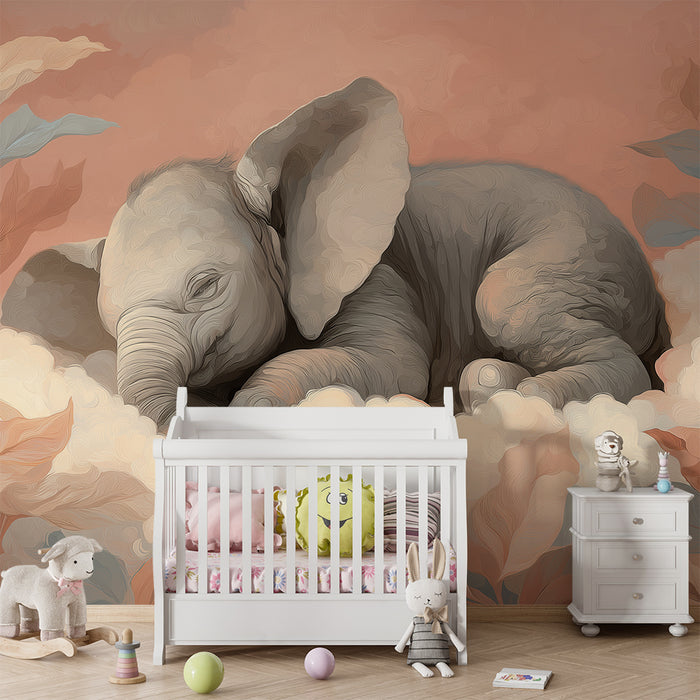 Carta da parati bambini | Elegante elefante addormentato circondato da foglie morbide