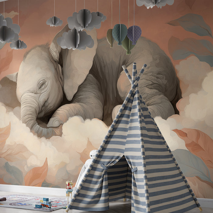 Carta da parati bambini | Elegante elefante addormentato circondato da foglie morbide