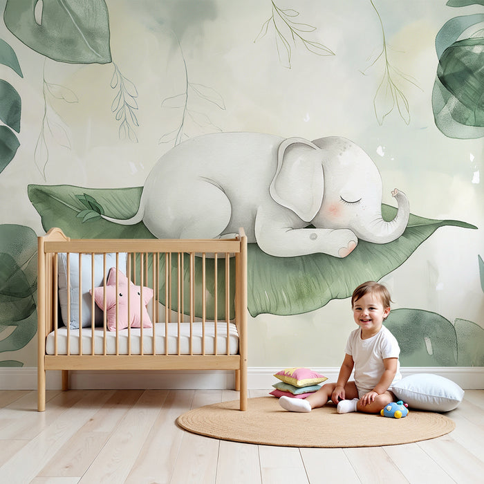Nursery room wallpaper | Elegant sleeping elephant on a tropical leaf