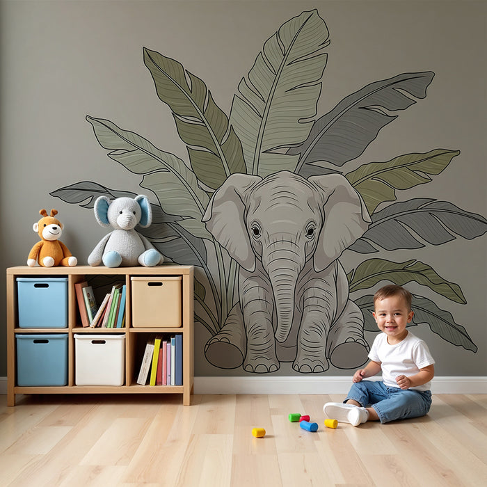 Papier peint chambre bébé | Élégant éléphant entouré de feuillage tropical