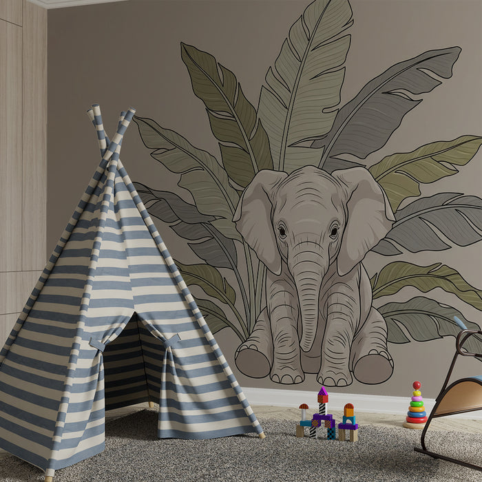 Papier peint chambre bébé | Élégant éléphant entouré de feuillage tropical