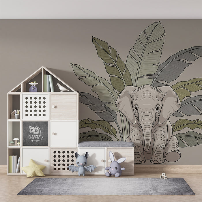 Papier peint chambre bébé | Élégant éléphant entouré de feuillage tropical